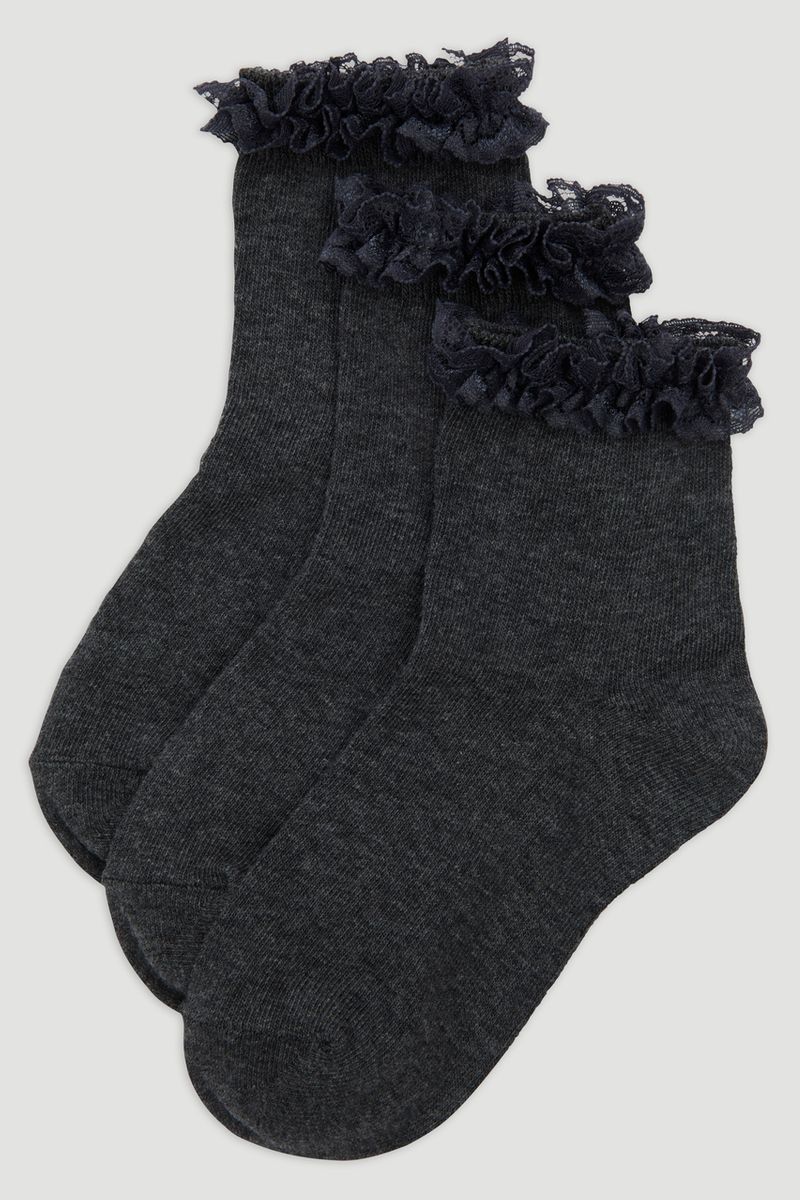 3 Pack Grey Marl Lace Trim Socks
