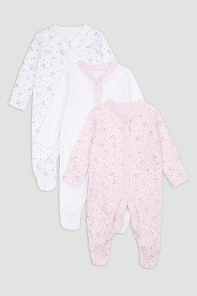 Baby Girl 3 Pack Pink Flower Bambi Sleepsuits Age 0 3 6 9 Month