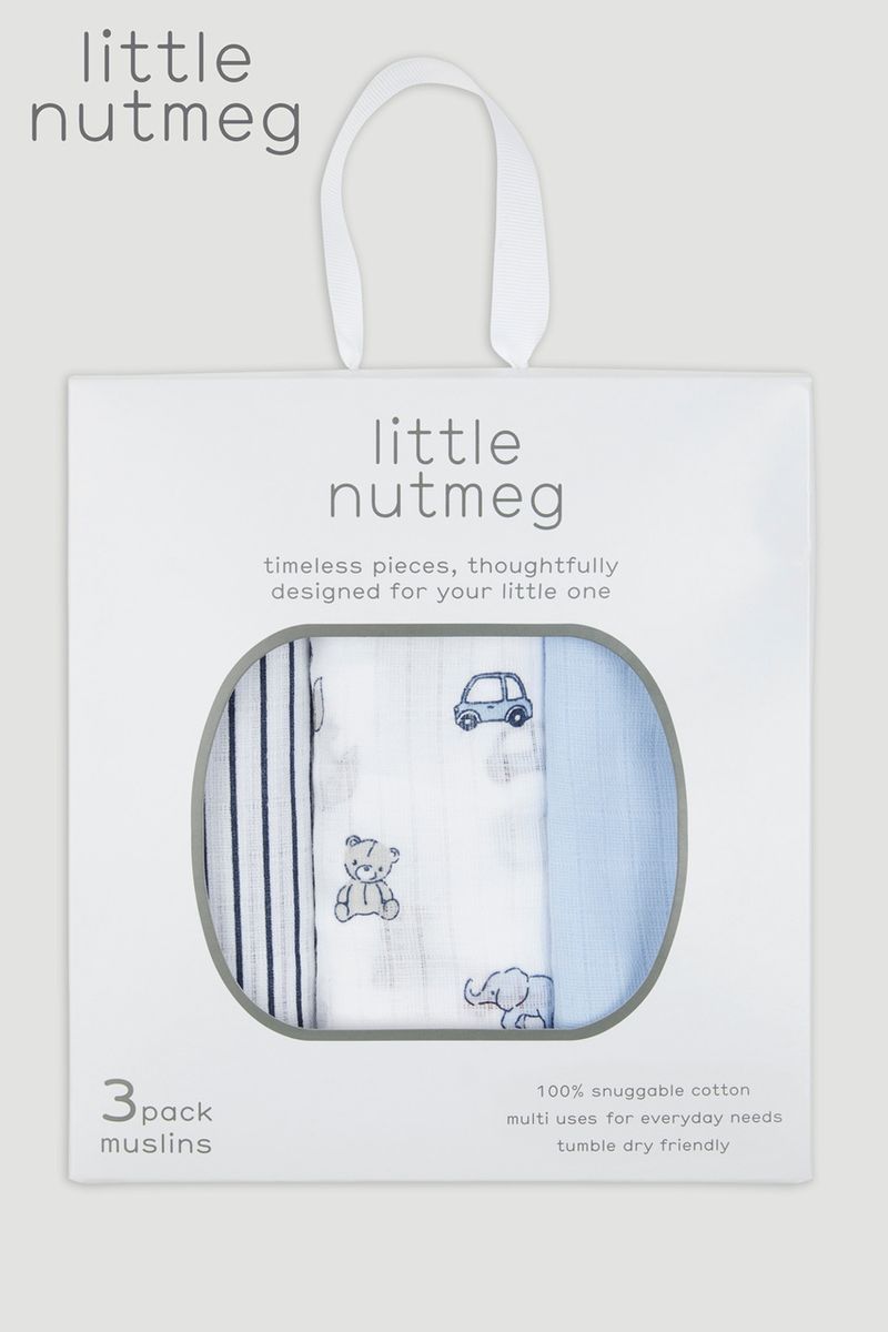 Little Nutmeg 3 Pack Blue Muslin Squares