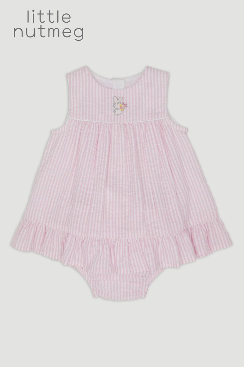 Little Nutmeg Pink Seersucker Dress & Pants Set