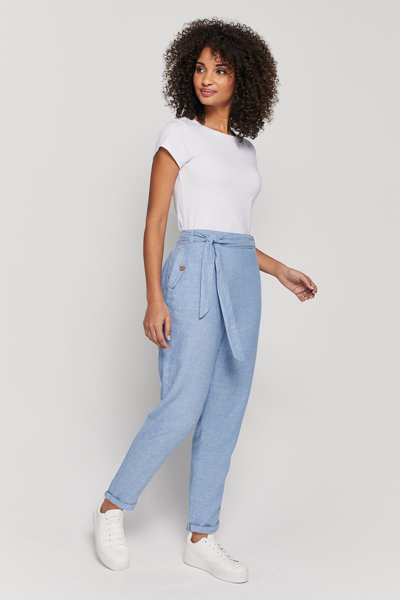 Light Blue Linen Rich Tapered Trousers