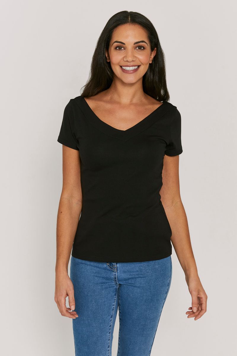 Black V-neck Bardot Top