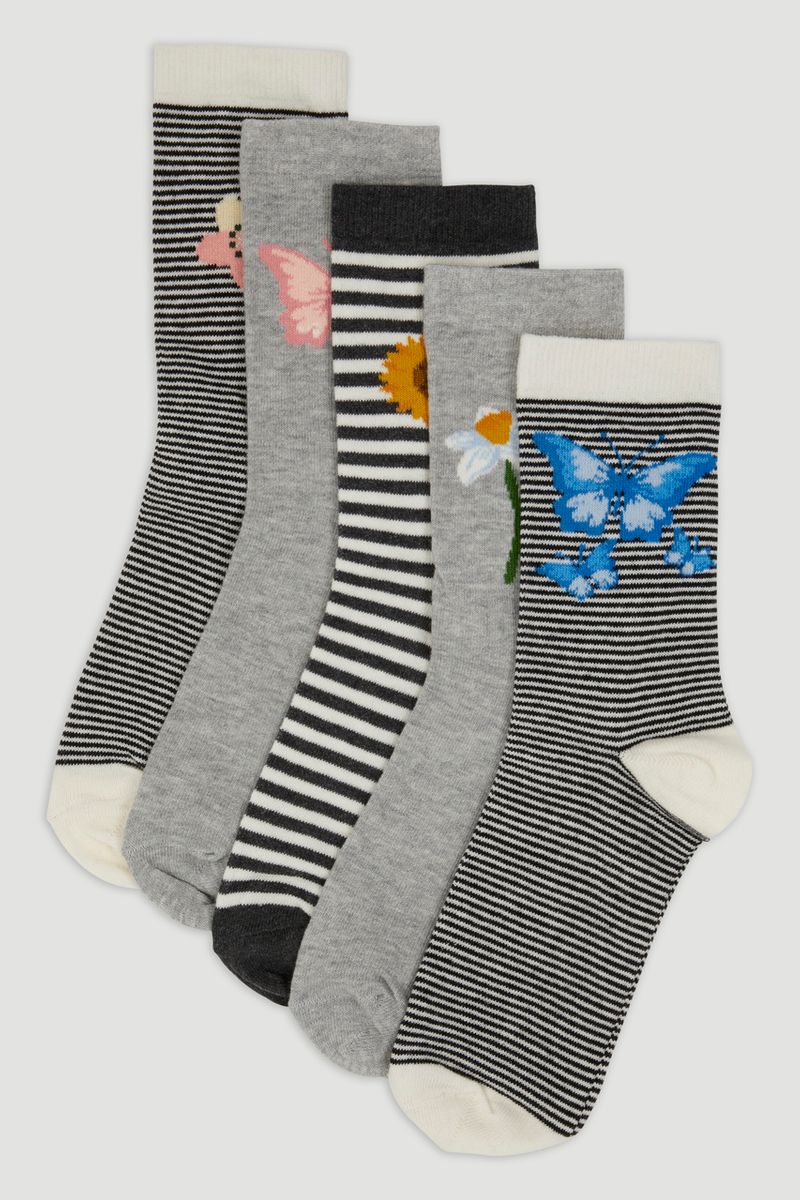 5 Pack Grey Butterfly Socks
