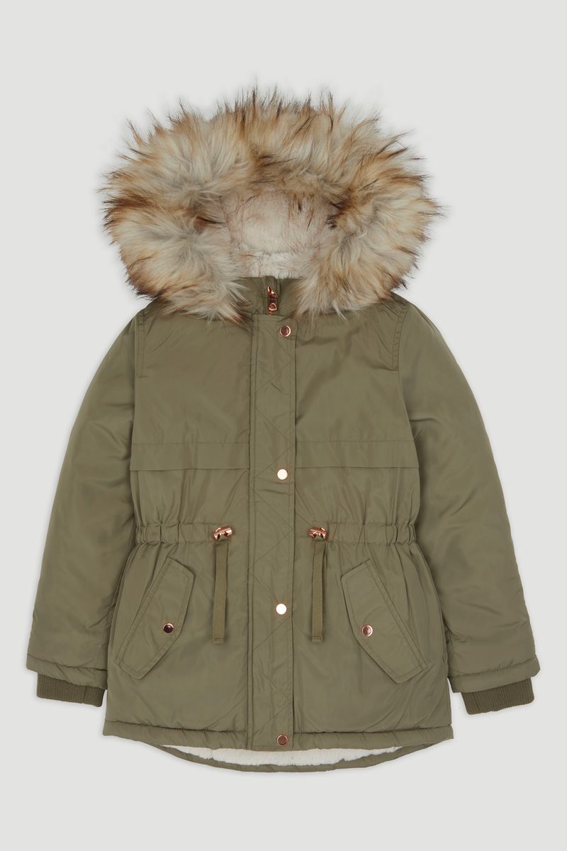 Green Faux Fur Trim Parka Coat