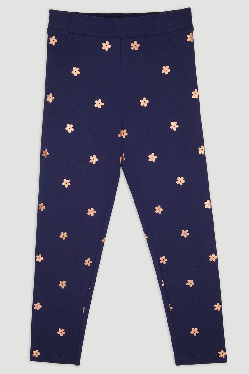 Navy Flower Foil Print Leggings