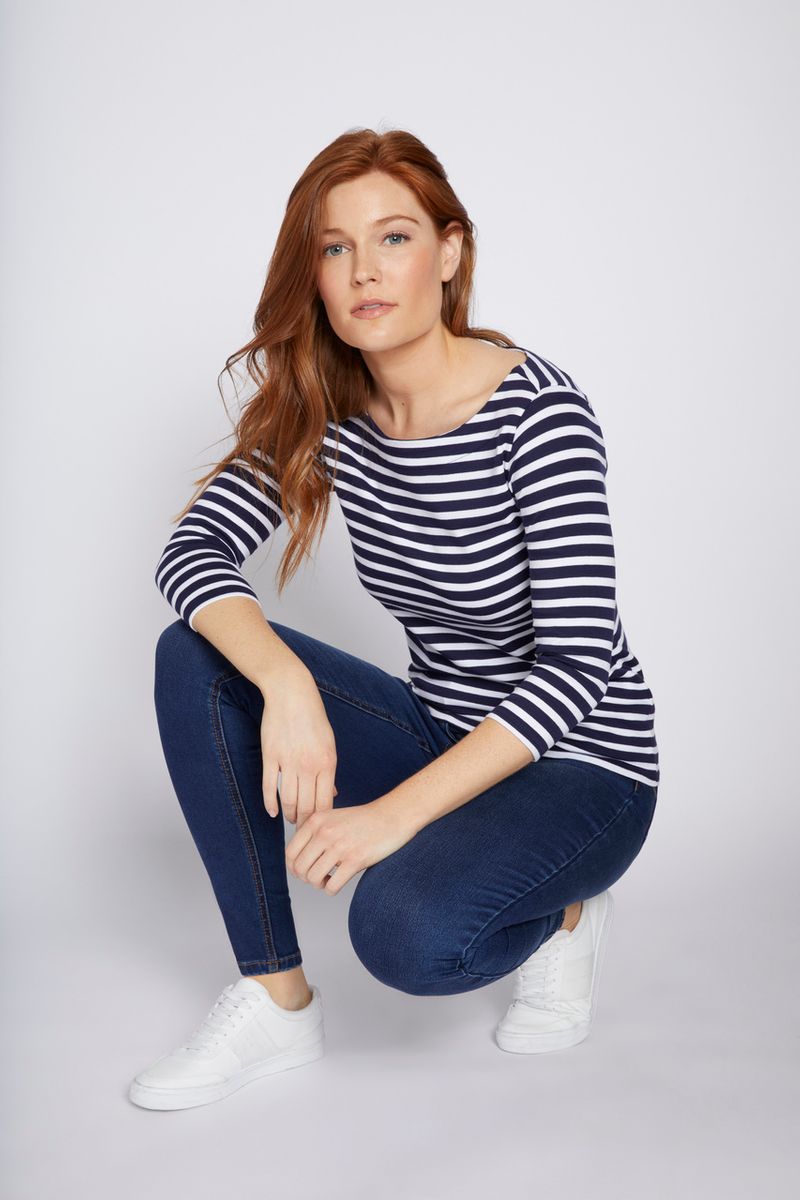 3/4 Sleeve Navy Stripe Bardot Top