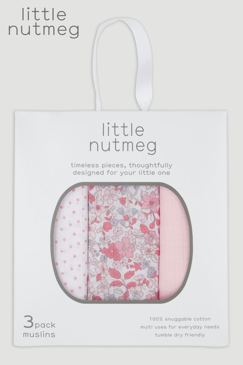 Little Nutmeg 3 Pack Pink Floral Muslin Squares