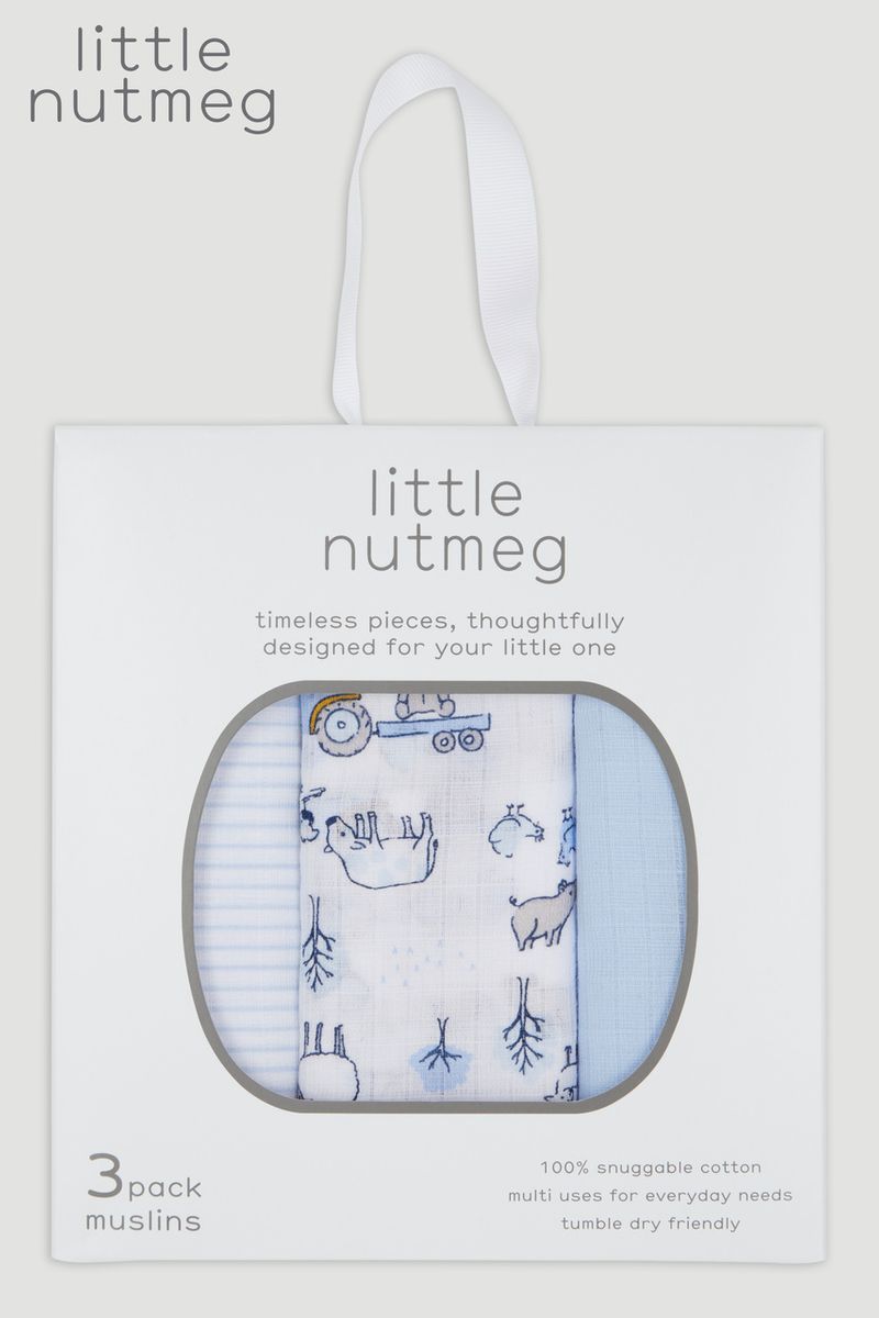 Little Nutmeg 3 Pack Blue Bear Muslin Squares