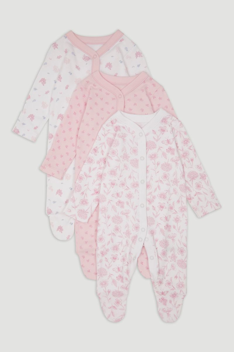 3 Pack Pink Flower Sleepsuits
