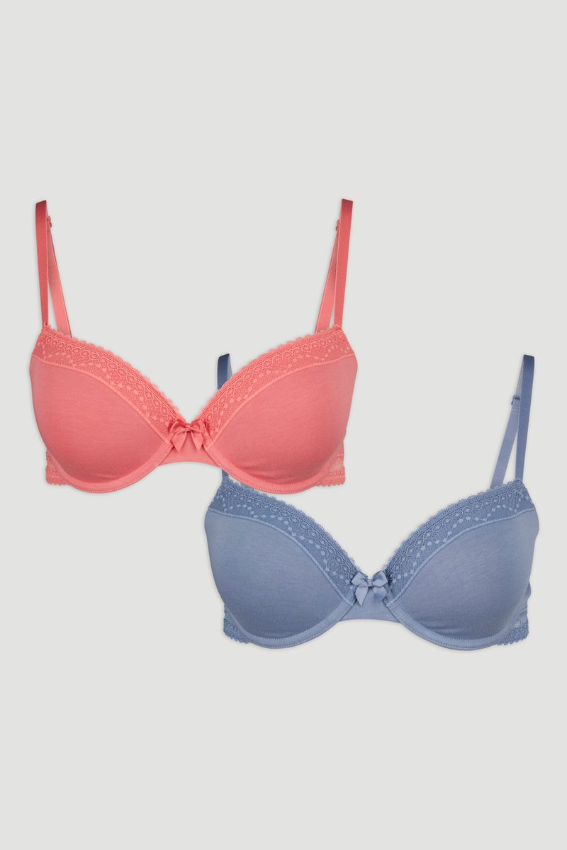 2 Pack Coral & Blue Lace T-Shirt Bras