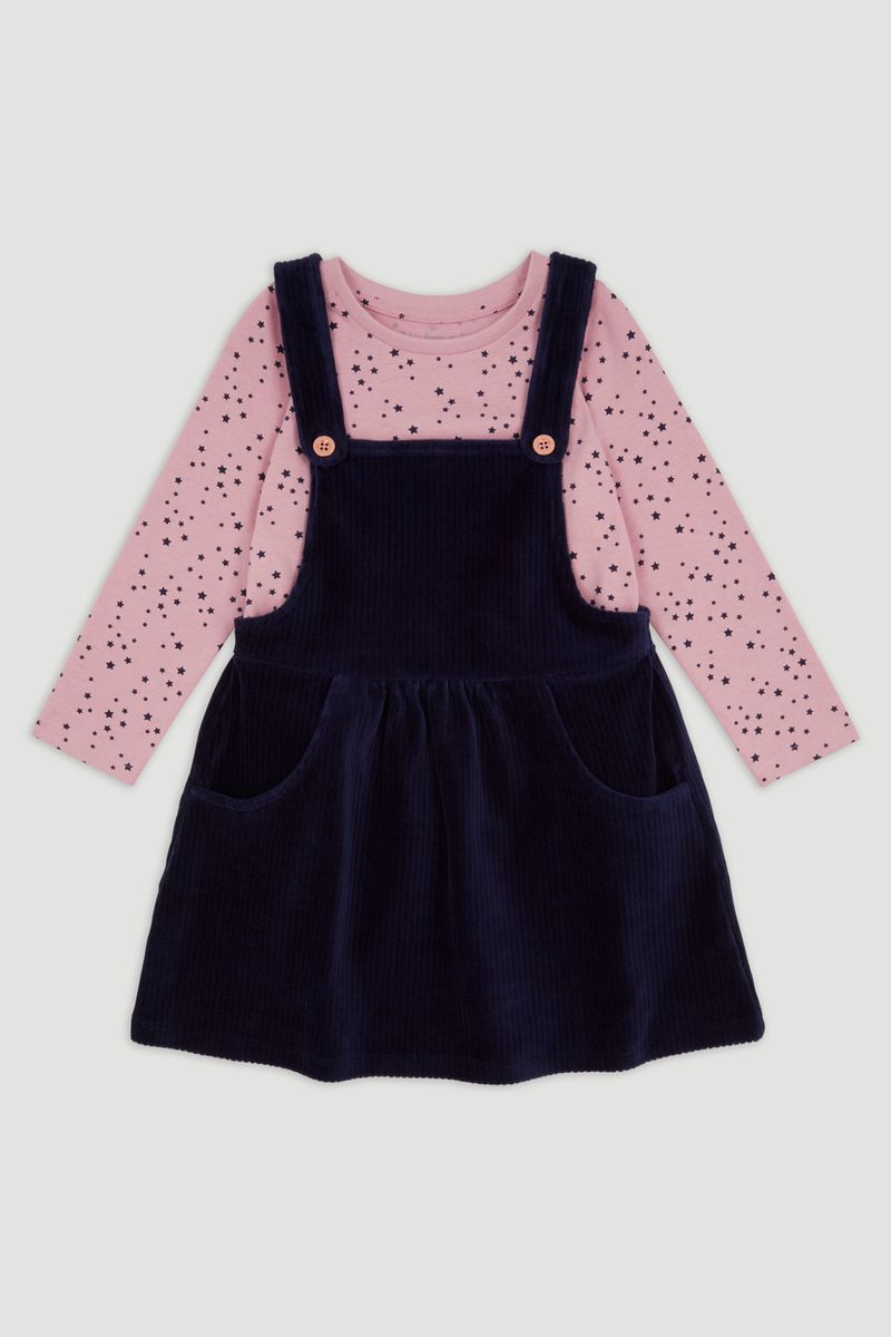 Navy Velour Pinafore Dress Set 1-6yrs