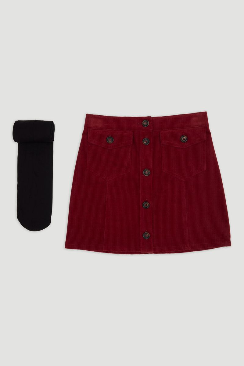 Red Cord Skirt & Black Tights