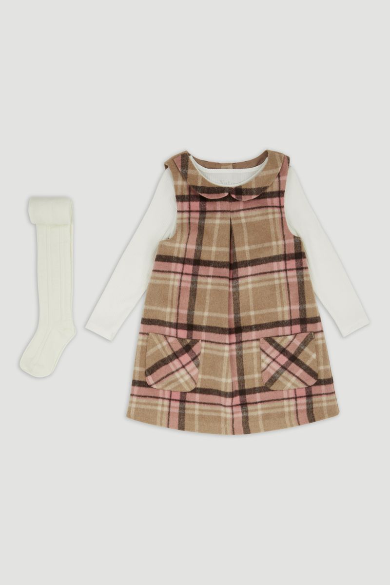 3 Piece Check Pinafore Dress Set 1-6yrs