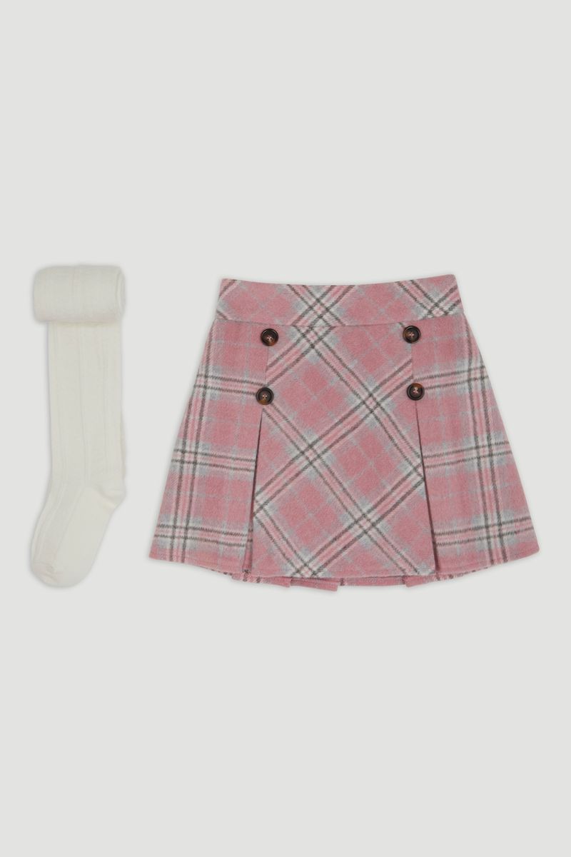 Pink Check Skirt with Cream Tights