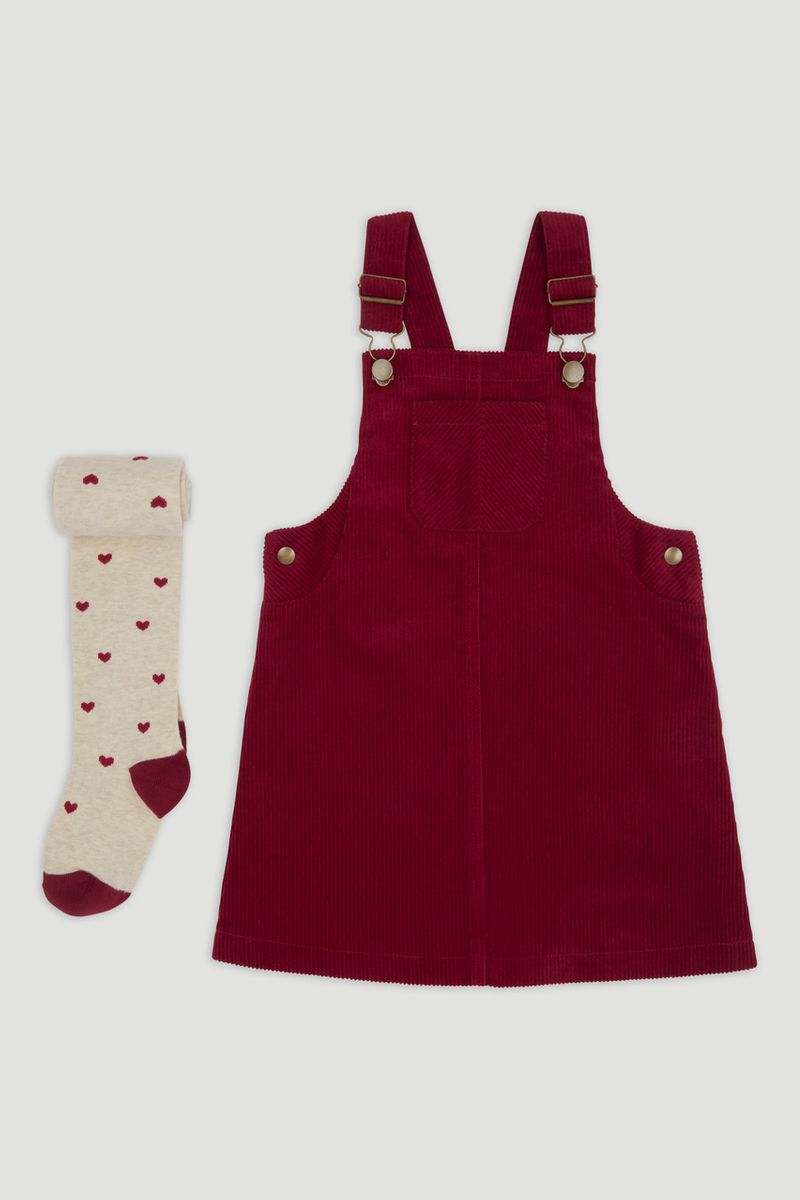 Burgundy Cord Pinafore Dress & Tights 1-6yrs