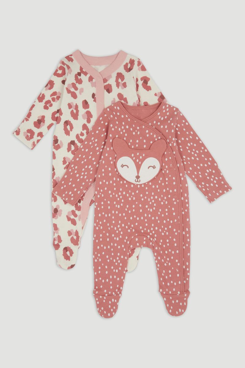 2 Pack Pink Animal Sleepsuits