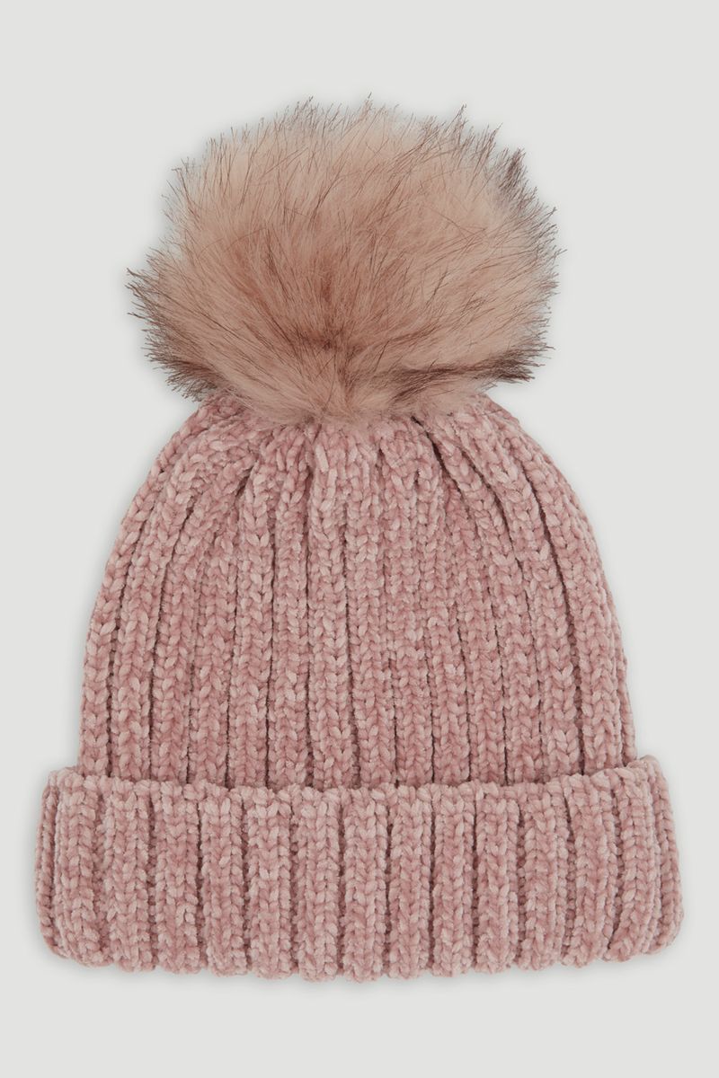 Pink Chenille Ribbed Bobble Hat