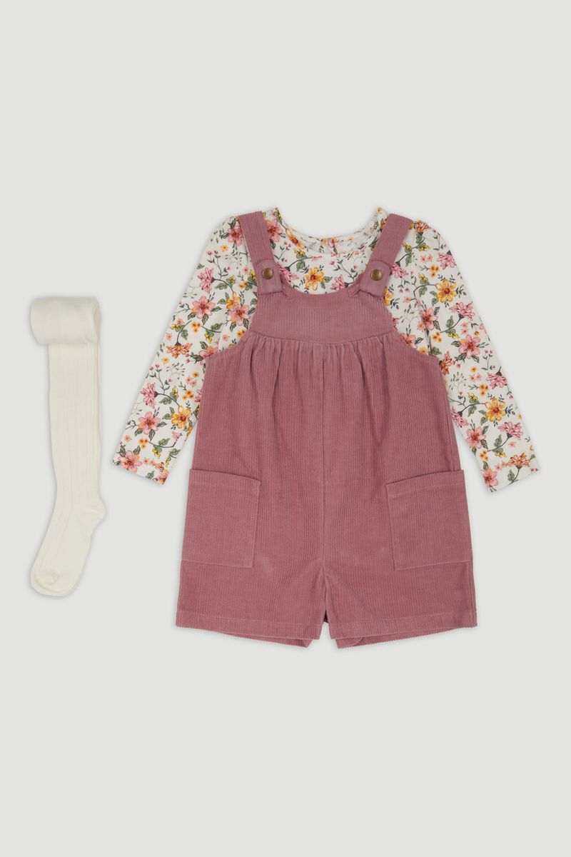 3 Piece Pink Cord Dungaree Set