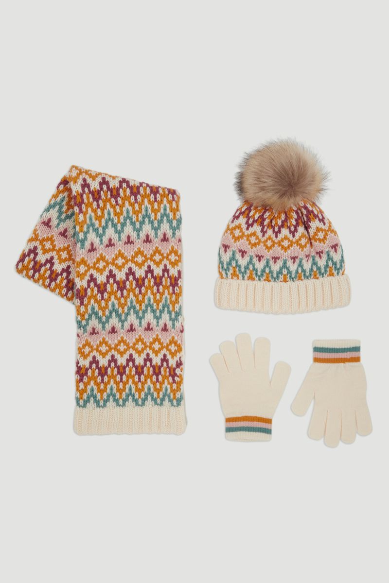 3 Piece Ochre Fairisle Scarf Set