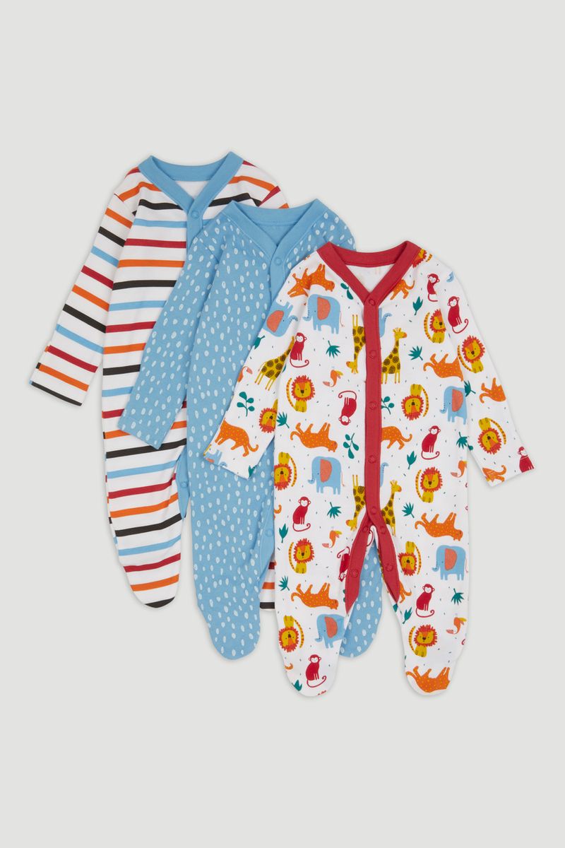 3 Pack Bright Animal sleepsuits