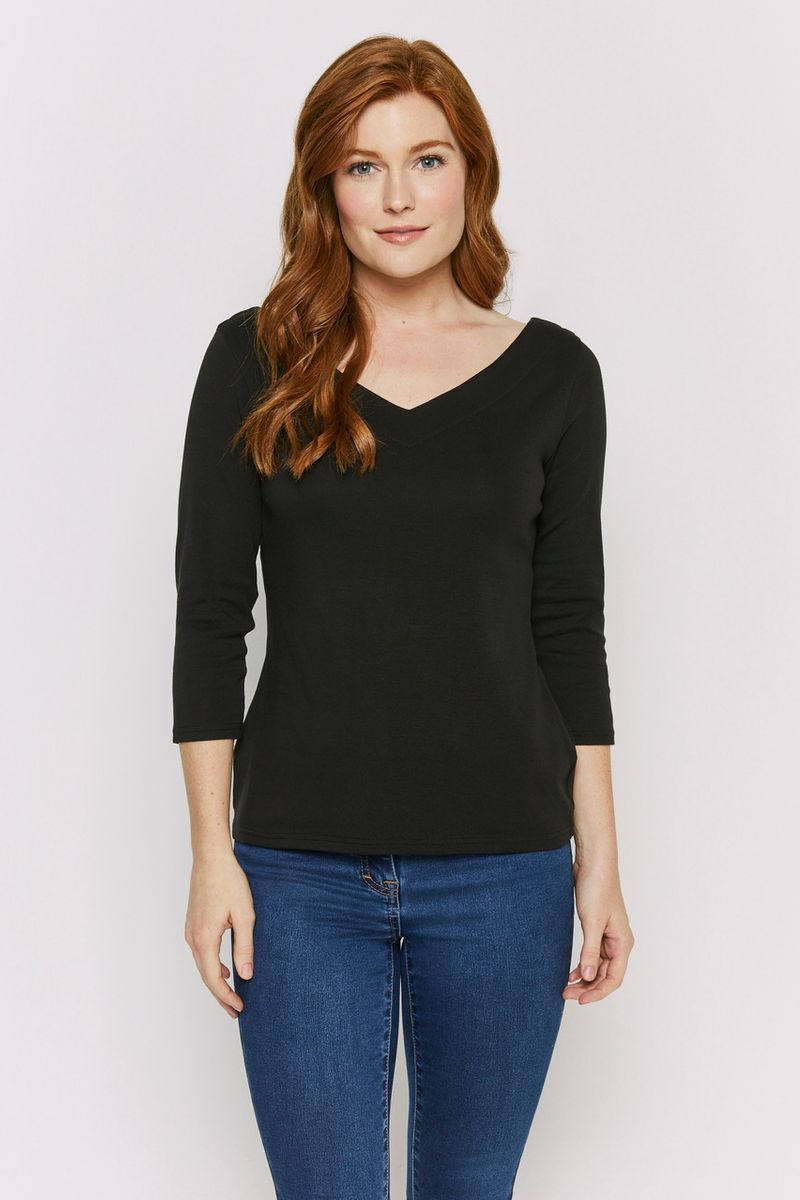 3/4 Sleeve V-Neckline Black Bardot Top
