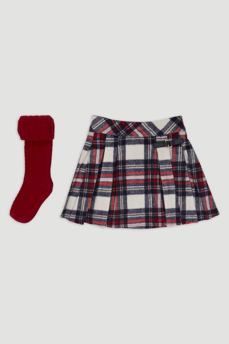 Red Pleated Skirt with tights