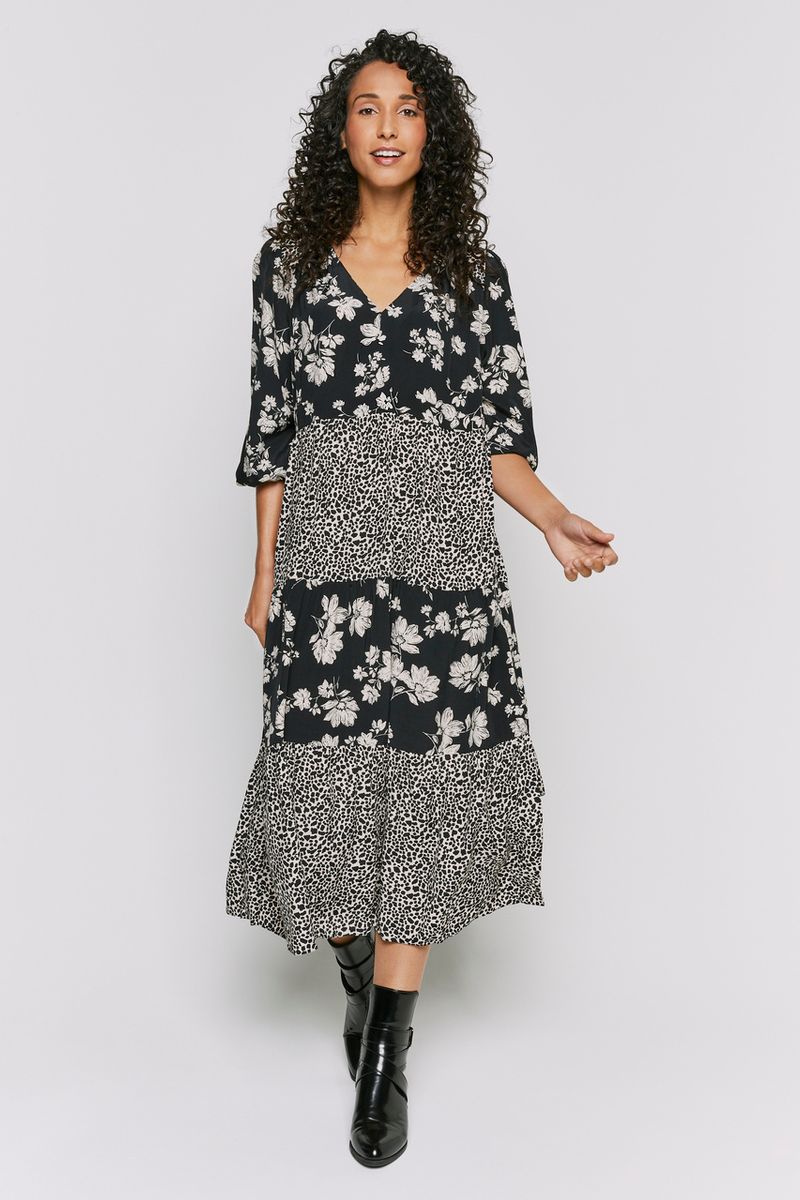 Monochrome Floral Print Midi Dress