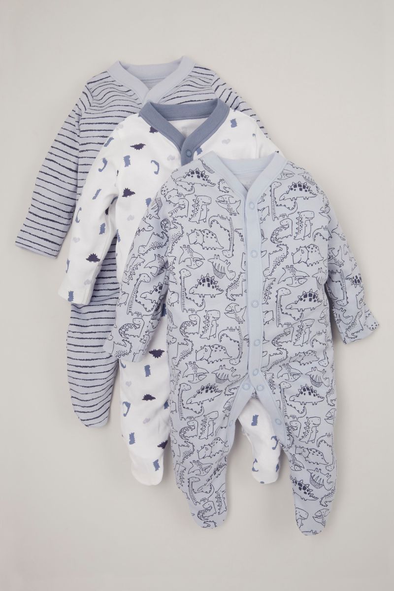 3 Pack Blue Dinosaur Sleepsuits