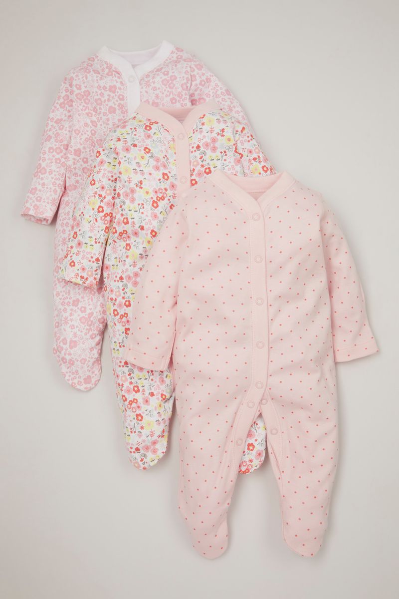 3 Pack Pink Flower & Spot sleepsuits