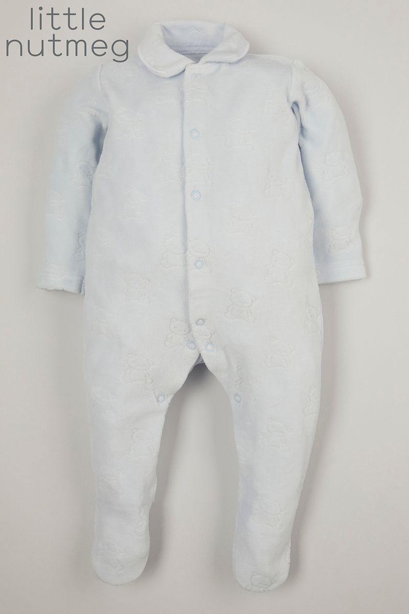 Little Nutmeg Blue Velour Bear sleepsuit
