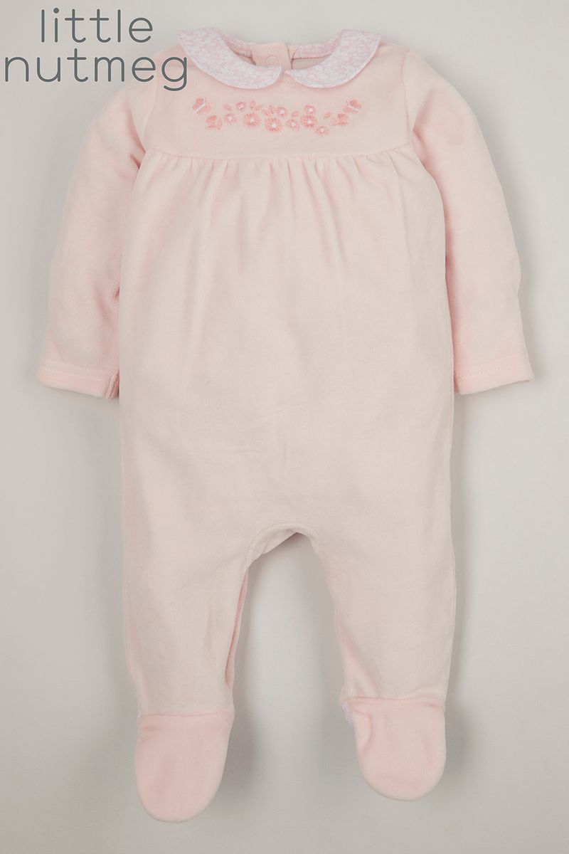 Little Nutmeg Pink Flower Velour sleepsuit