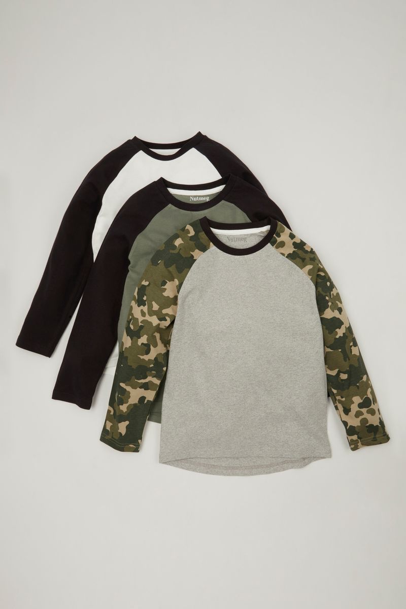 3 Pack Camo Raglan T-shirts 1-14yrs