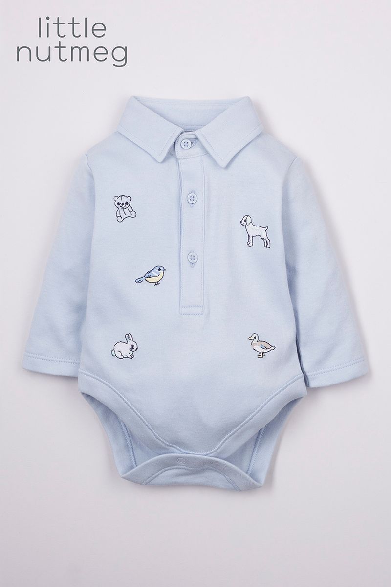 Little Nutmeg Blue Embroidered Bodysuit