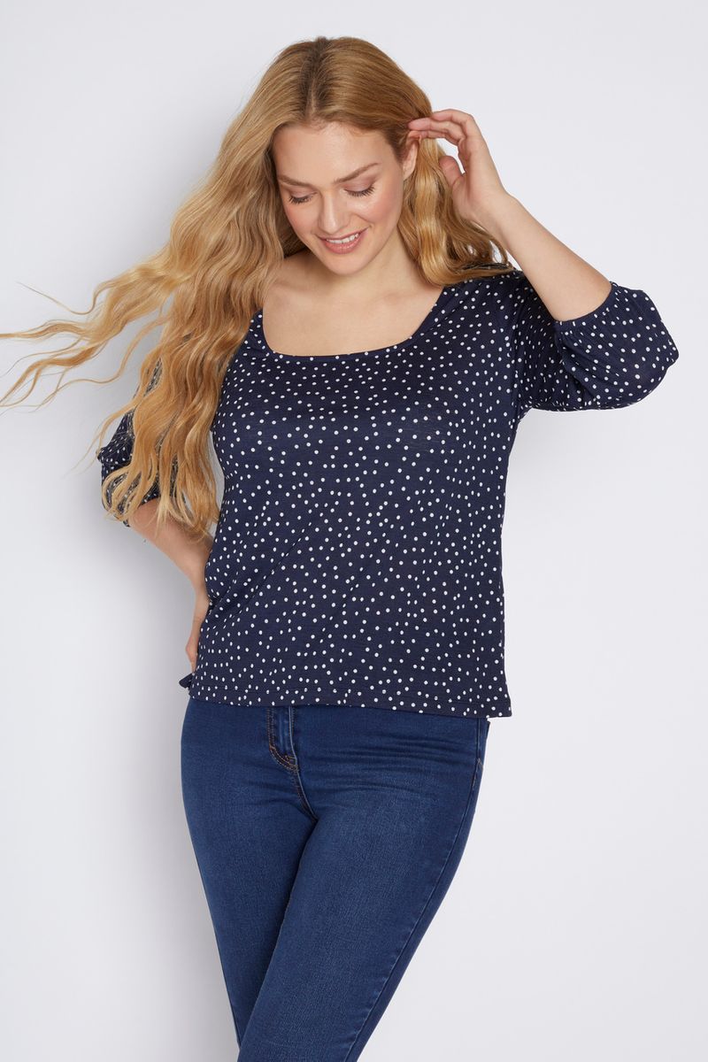 Navy Polkadot Puff Sleeve Top