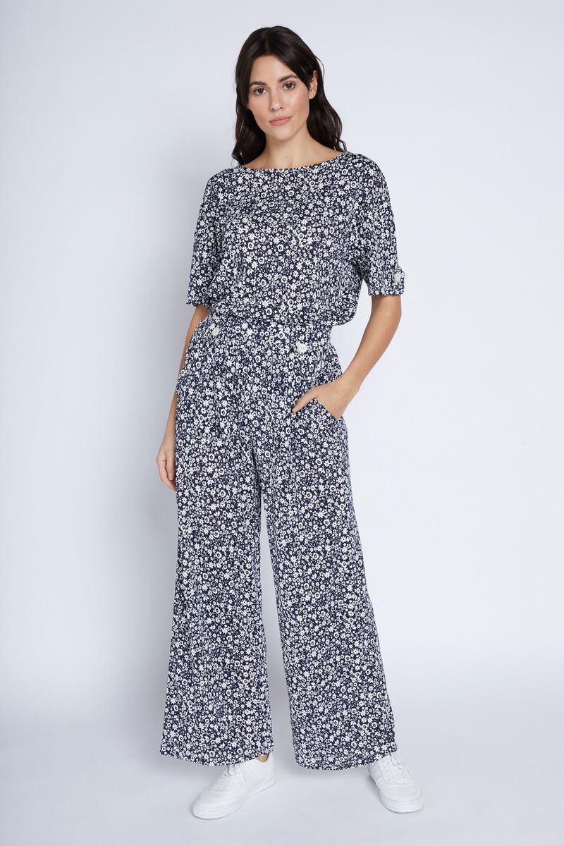Navy Ditsy Floral Wide Leg Trousers