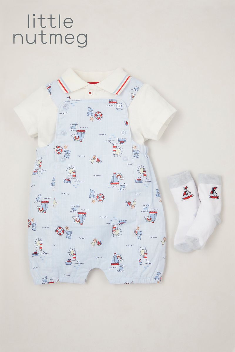 Little Nutmeg 3 Piece Boat Dungaree set