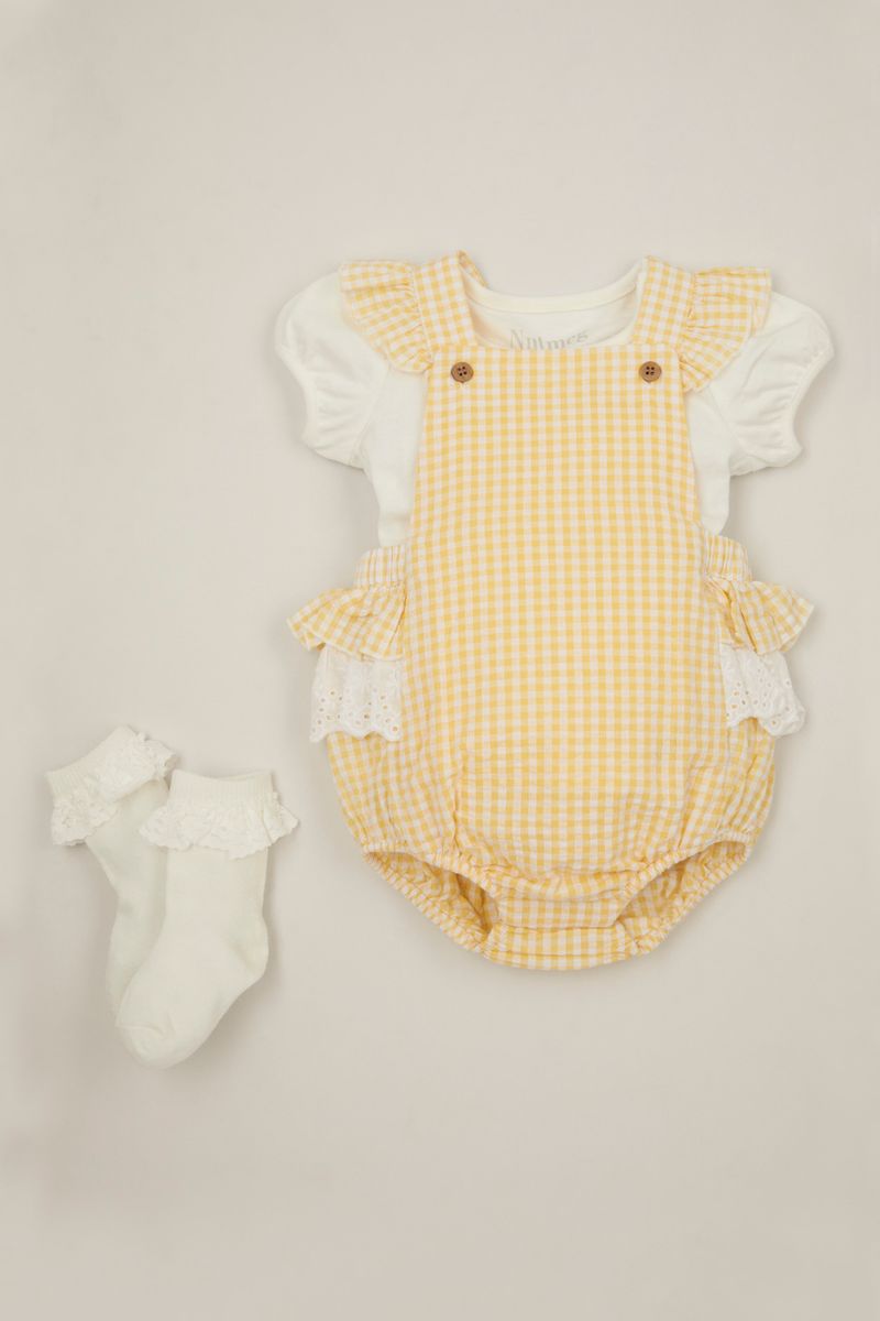 3 Piece Yellow Gingham Romper Set