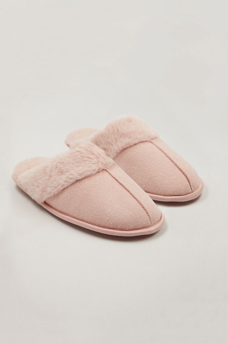 Pink Faux Fur Trim Mules