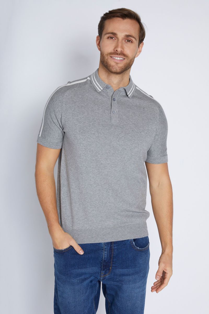 Grey Stripe Knitted Polo Shirt