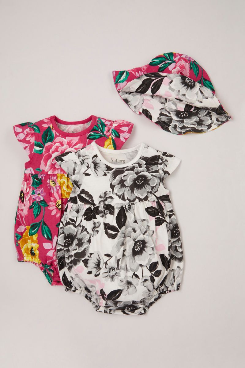 2 Pack Floral Rompers with Reversible hat