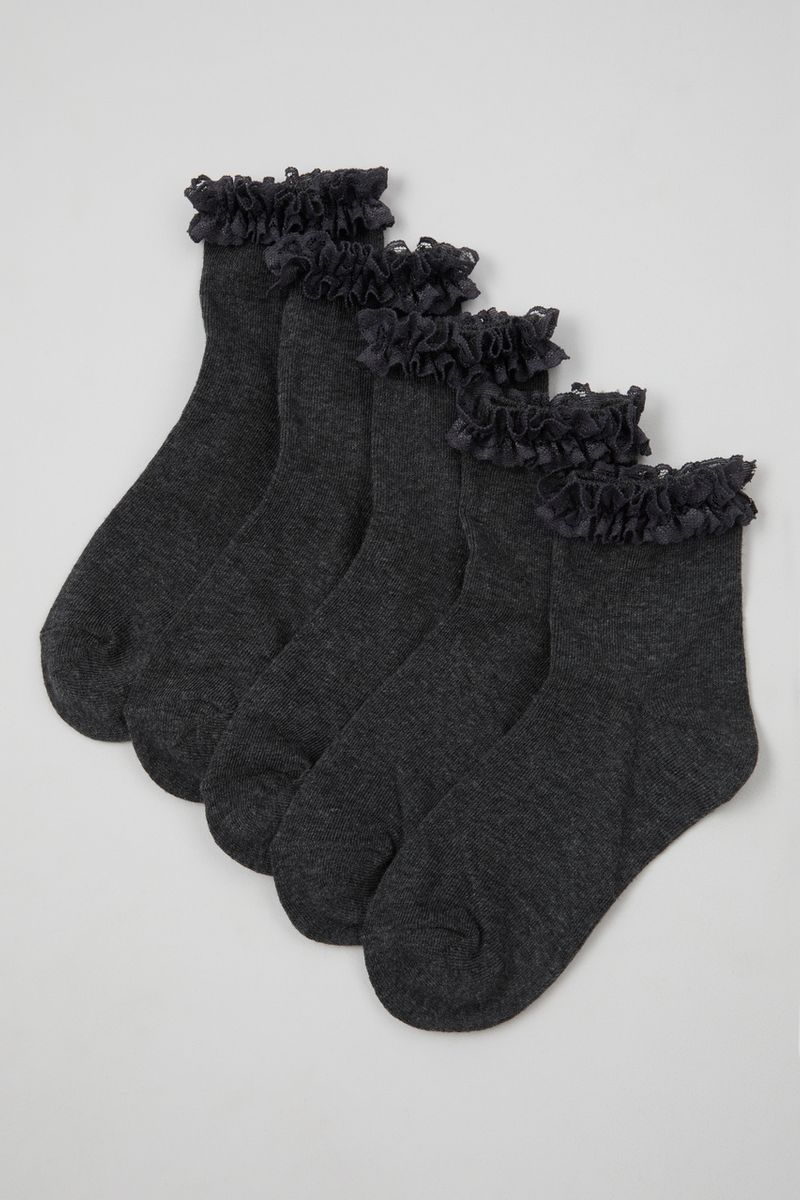 5 Pack Charcoal Lace Frill Top Socks