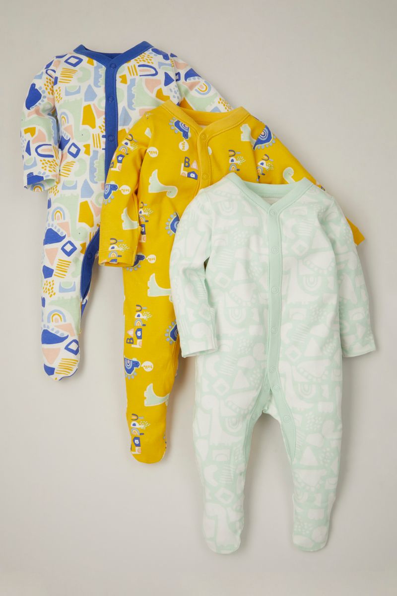 3 Pack Bright Dinosaur sleepsuits