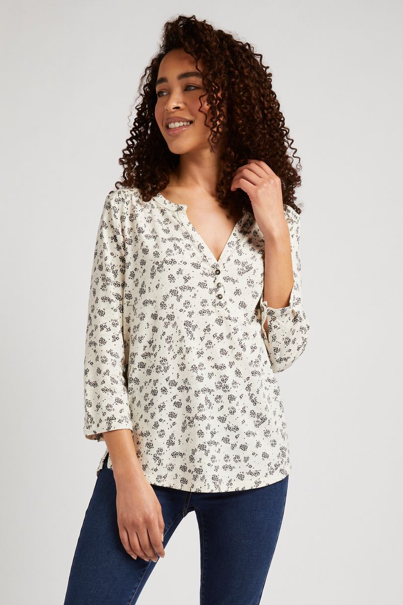 3/4 Sleeve Ditsy Floral Henley Top