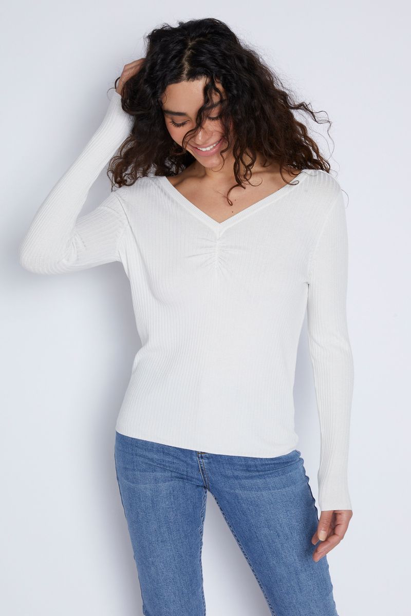 Cream Gathered V-Neckline Jumper