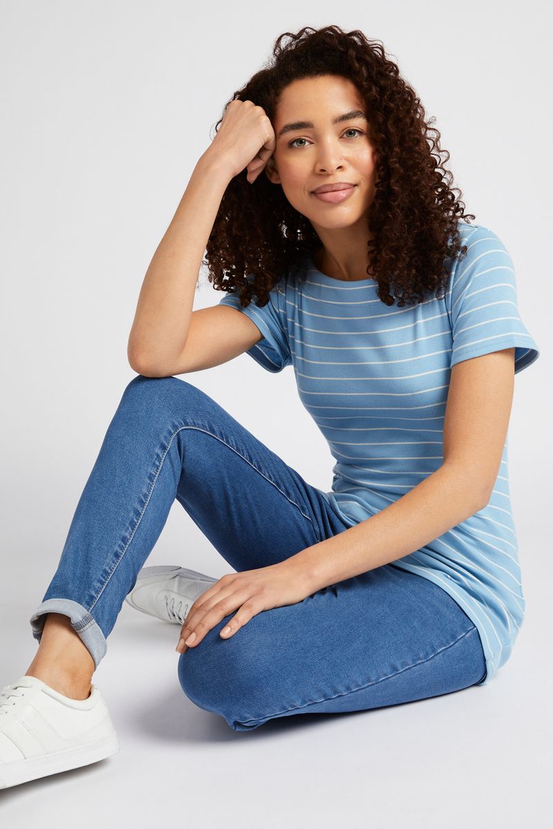 Short Sleeve Blue Stripe Bardot Top