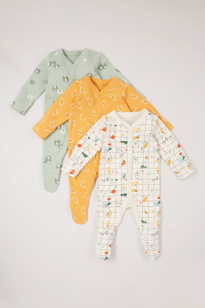 3 Pack Bright Elephant sleepsuits