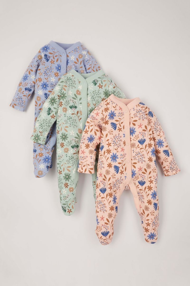 3 Pack Blue Flower Sleepsuits
