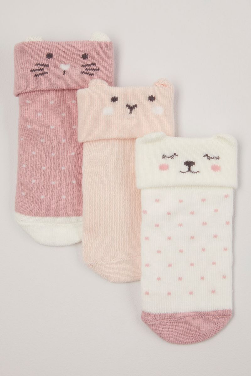3 Pack Pink Cat Turn Over Socks