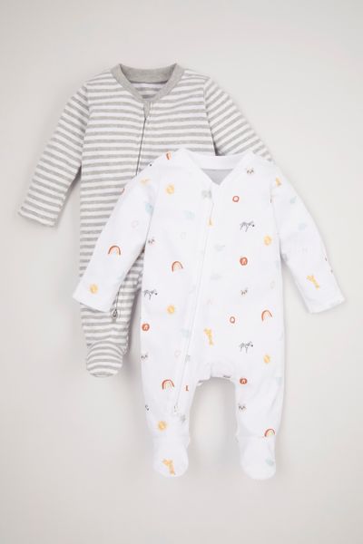 2 Pack White Zipped Sleepsuits