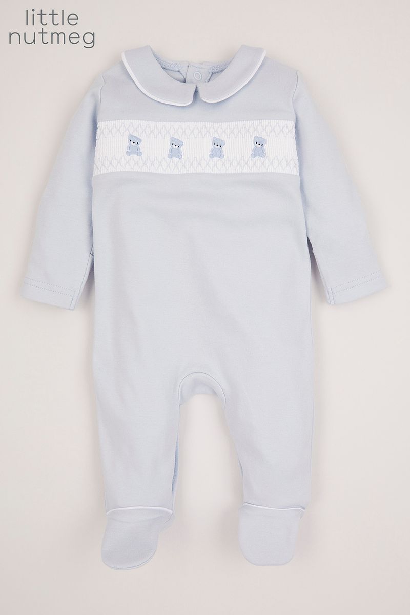 Little Nutmeg Blue Smock Sleepsuit